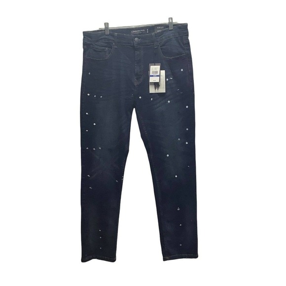 NWT mens london fog‎ collection slim 36x30 dark blue jeans paint splattered dots - Picture 1 of 9